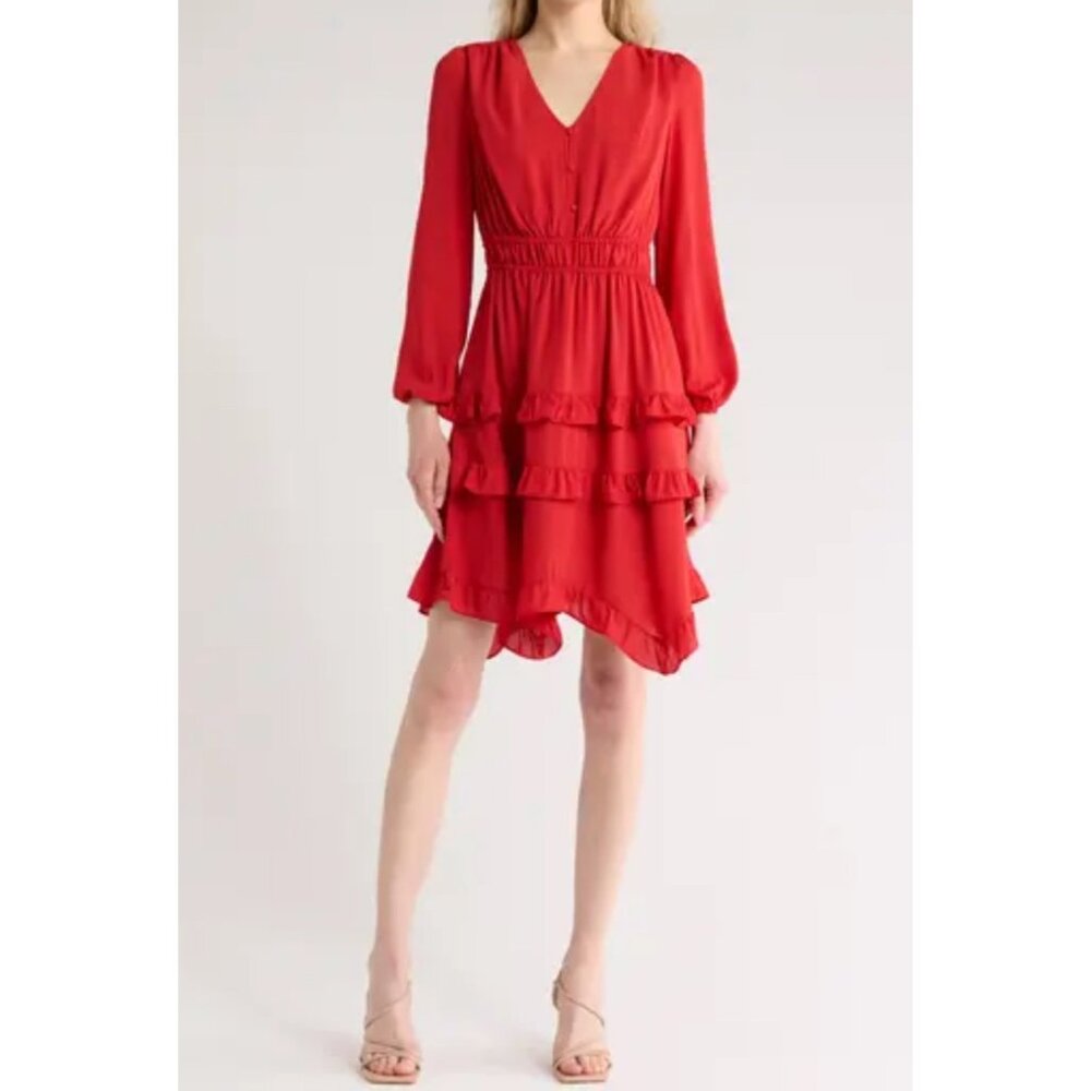 Nanette Lepore Long Sleeve Ruffle Handkerchief Hem Dress red sz 10